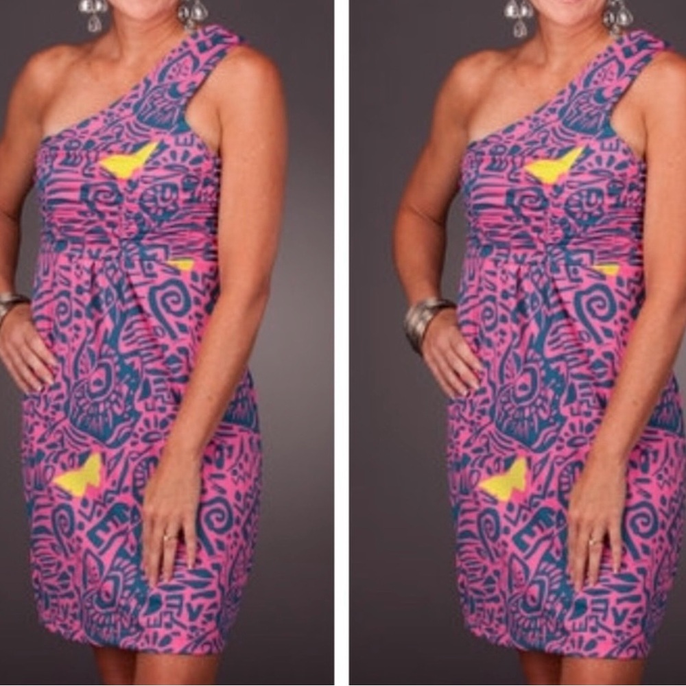 Tracy Negoshian One Shoulder Knit Pink & Blue Geometric Dress Size Small